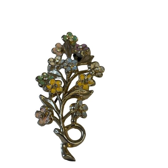 Vintage Floral Enamel & Gold-Tone Brooch Pin With Multicolor Flowers - Picture 3 of 4
